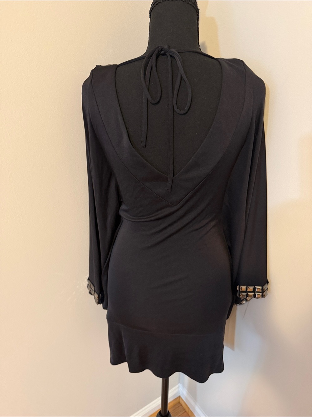 bebe Black V-Neck Ruched Top with Metallic Square Trim - Picture 5 of 6
